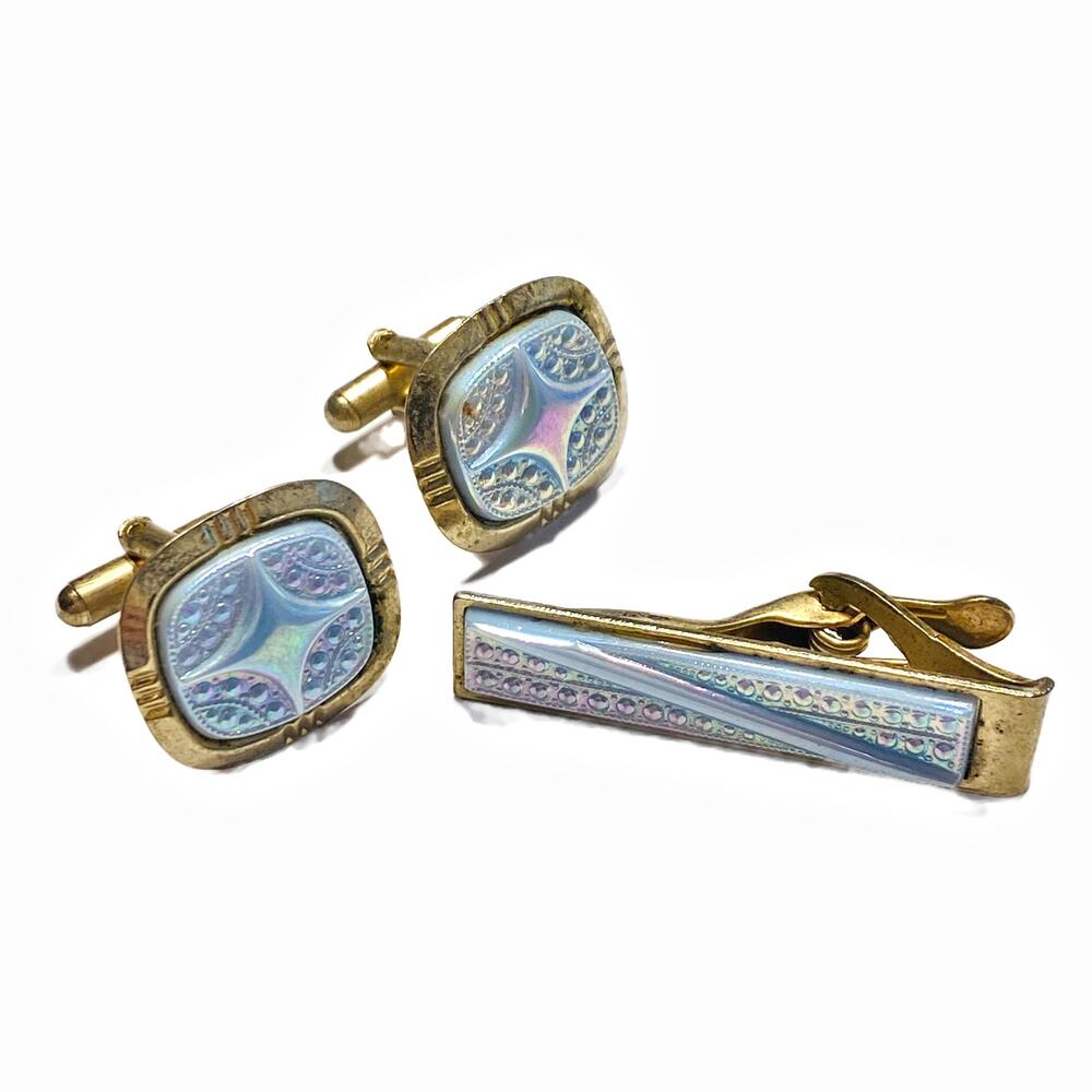 Vintage Mid Century Jewelry Set for Man Tie Bar Cufflinks Goldtone & Texture MOP